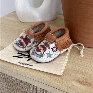 Freshly Picked Brown and White Nautical Print Kids Moccasins